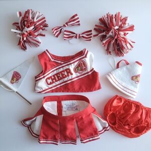 Build A Bear Red White Cheerleader‎ Outfit Clothes Uniform Cheer Pom Poms Bows